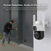 A white and black dome security camera with two antennas is mounted on a light gray wall next to a dark gray door. On the left, a man in a black hoodie and jeans is seen trying to open a door with a red tool.