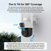 A promotional graphic for a wall-mounted security camera showing its pan and tilt functionality. The image includes descriptive text explaining the 360-degree coverage, blue curved arrows indicating 270-degree pan and 90-degree tilt, and a white wall background with a hint of greenery at the bottom.