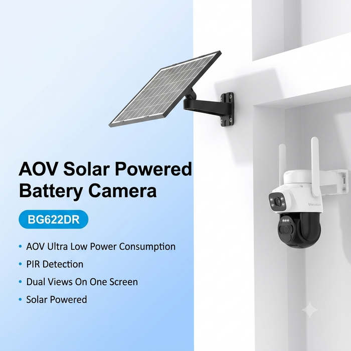 AOV solar powered battery camera BG622DR shown mounted on a white wall with a black solar panel and bracket, alongside a smaller white and black camera for comparison. Text on the left highlights features like low power consumption, PIR detection, dual views on one screen, and solar powered.