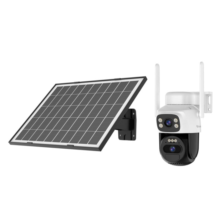 Solar panel and security camera system on a white background