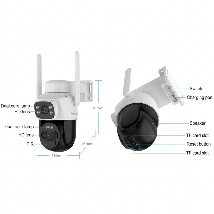 White and black outdoor security camera shown from two angles with callout labels for features and dimensions, including dual core lamp, HD lens, PiR, switch, charging port, speaker, and TF card slots.