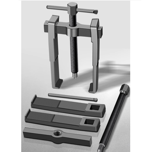 Metal puller tool with components on a gray background