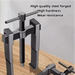 Metal tool with text highlighting high quality steel, hardness, and wear resistance on a wooden surface.