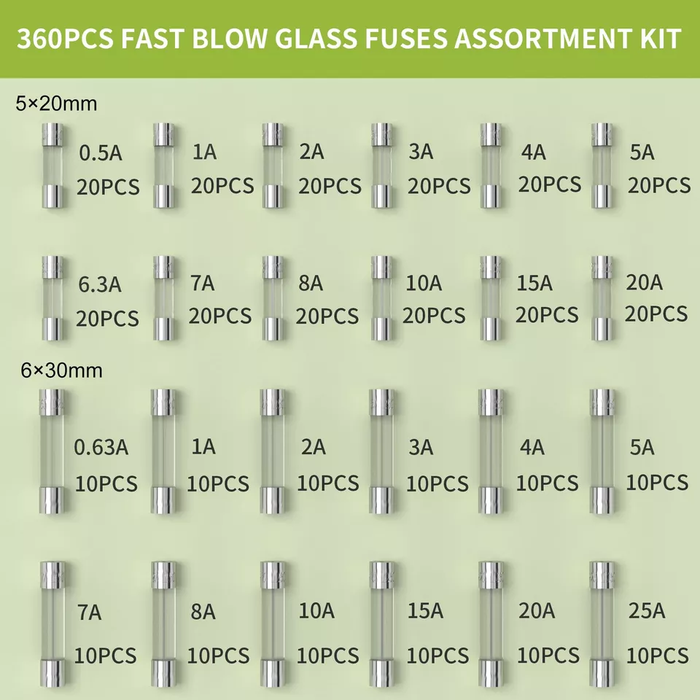 360Pcs Fast Blow Glass Fuses Assortment Kit Auto Fuses Assortment Tool