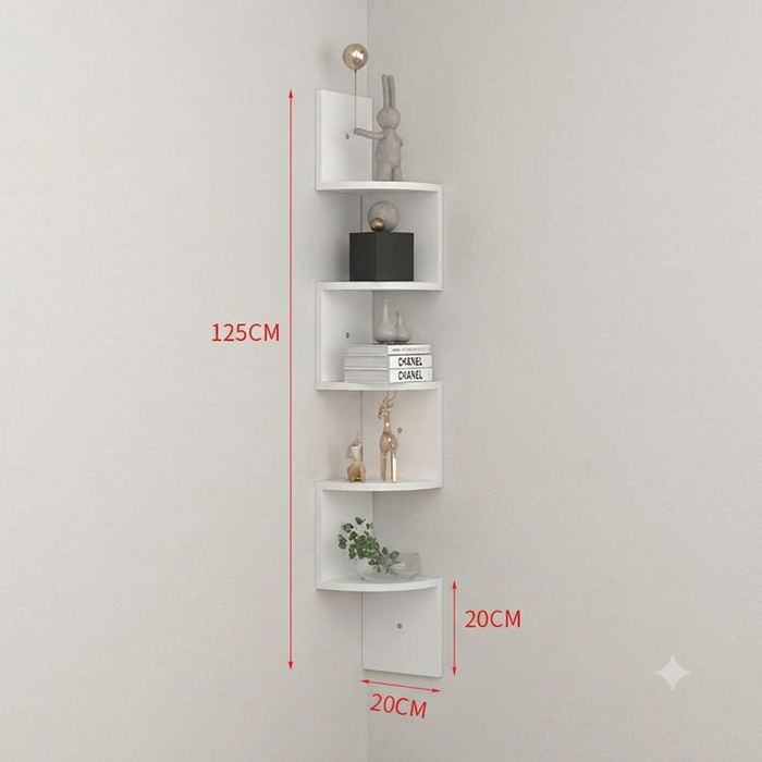 White corner wall shelf mounted on a light gray wall, shown with red dimension lines and labels indicating 125CM height, 20CM width, and 20CM depth.