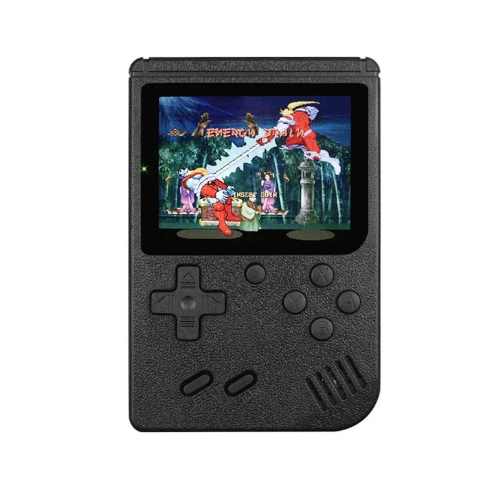 Black handheld game console with a screen displaying a cartoon scene on a white background