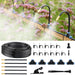 Garden irrigation system with hoses, nozzles, and connectors against a blurred garden background.