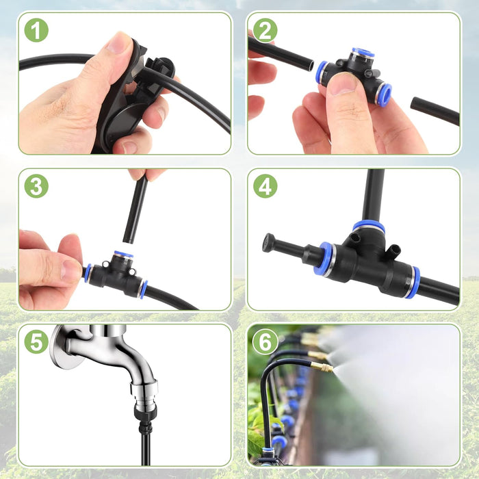 Step-by-step assembly of a garden hose nozzle with close-up shots of hands and components.