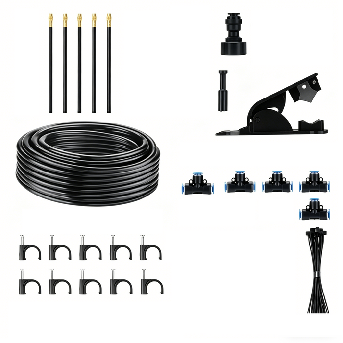 Collection of black gardening tools and accessories on a white background