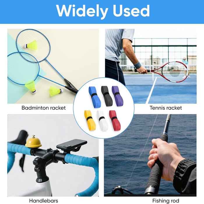 Collage of various sports equipment with racket handles and colorful grips, including badminton, tennis, handlebars, and fishing rod.
