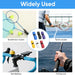 Collage of various sports equipment with racket handles and colorful grips, including badminton, tennis, handlebars, and fishing rod.