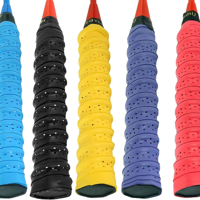 Set of five colorful tennis racket grips on a white background