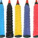 Set of five colorful tennis racket grips on a white background
