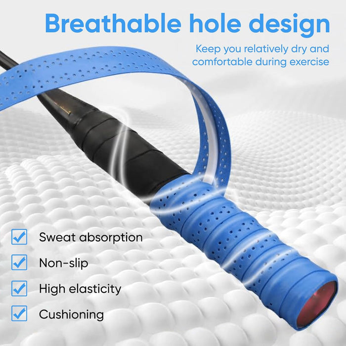 Blue tennis racket grip with breathable hole design on a white background
