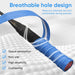Blue tennis racket grip with breathable hole design on a white background