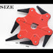 Red and black tool with measurements on a white background