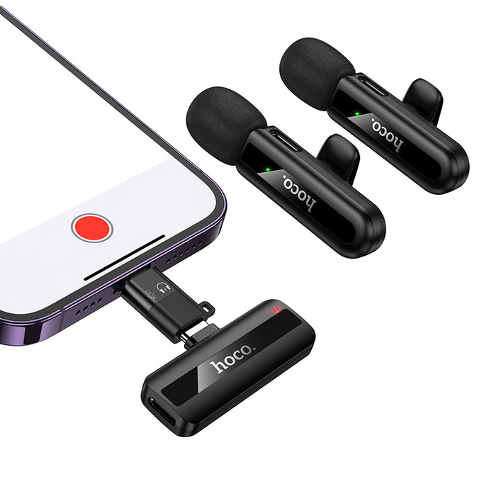 Hoco Dual Wireless Lapel Mic w USB C Connector + Lightning Adaptor, DSP Noise Cancellation - image 6