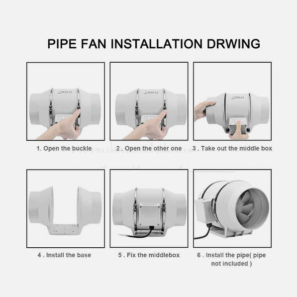 Step-by-step guide on how to install a pipe fan with illustrations and text.