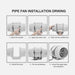 Step-by-step guide on how to install a pipe fan with illustrations and text.