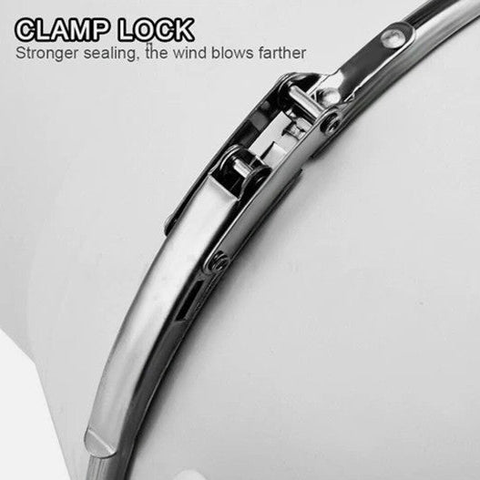Close-up of a clamp lock mechanism on a white background with text indicating stronger sealing and better wind blowout.