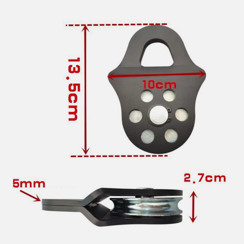 Measurement chart of a pulley system with dimensions labeled.