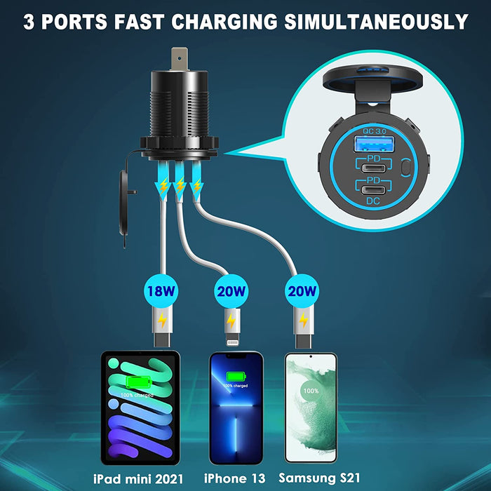 12V USB Outlet Type C Car Charger Socket Fast Charging