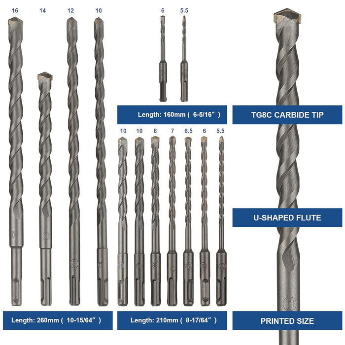 Rotary Hammer Drill Bits Set & Chisels Concrete Masonry Hole Tool 17pcs