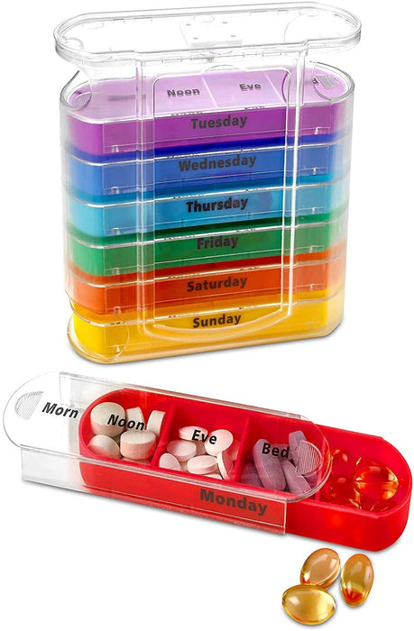 Stacked weekly pill organizer with colorful daily trays, showing the red 'Monday' tray slid out and filled with pills.