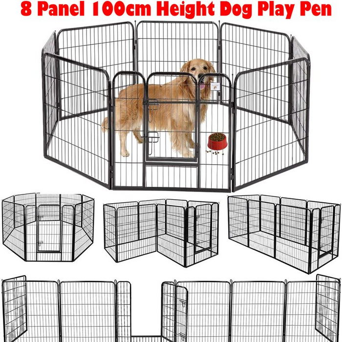 8-panel dog playpen with a dog inside, showing different configurations.