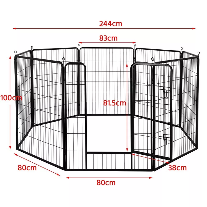 Dimensions of a black metal playpen with measurements in centimeters.
