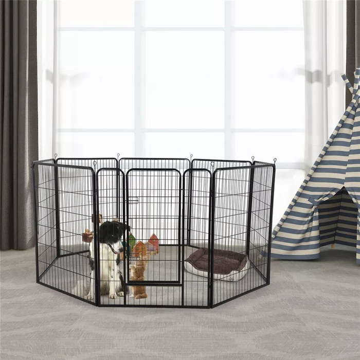 Pet playpen with a dog inside in a room with a striped tent and toys.