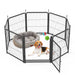 Pet playpen with a dog inside, toys nearby, and a bed on a white background