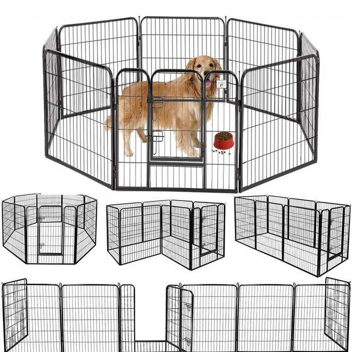 Dog inside a black metal pet playpen with multiple panels on a white background