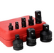 Set of black impact sockets with a red tool case on a white background