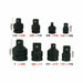 Set of black impact socket adapters with measurements on a white background
