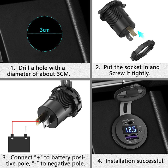 PD Type C USB Car Charger and QC 3.0 Charger 12V Power Outlet Socket ON/Off