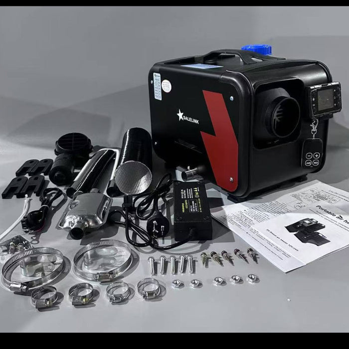 Automotive parts and tools on a gray surface with a branded box.