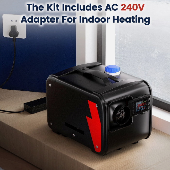 Black and red device with AC adapter on a wooden surface, text about AC 240V adapter for indoor heating.