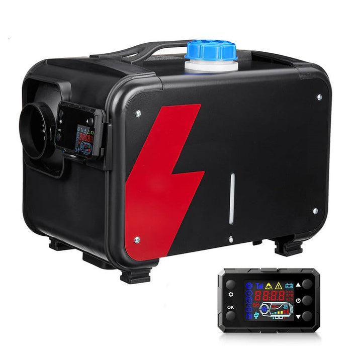 Black power station with red lightning bolt design and digital controller on a white background