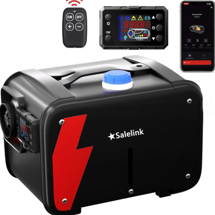 Diesel Air Heater Bluetooth with remote control, display, and smartphone app on a white background