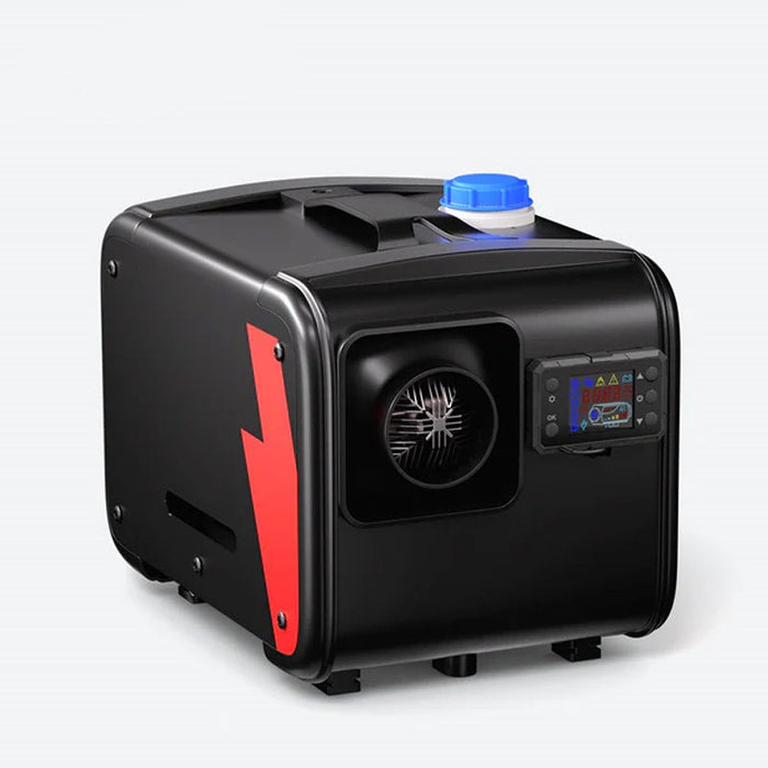 A portable black portable heater or stove with a digital control screen, a circular fan grille, and a red side accent, shown on a light gray background.
