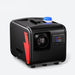 A portable black portable heater or stove with a digital control screen, a circular fan grille, and a red side accent, shown on a light gray background.