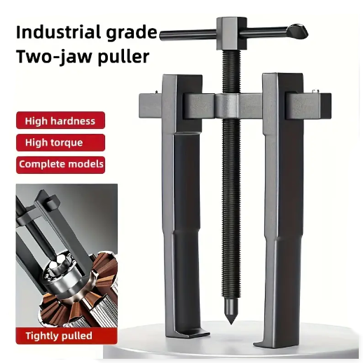 Industrial grade two-jaw puller with text highlighting features on a white background