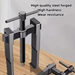 Metal tool with text highlighting high quality steel, hardness, and wear resistance on a wooden surface.