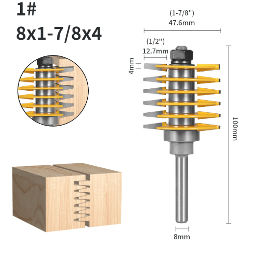Woodworking router bit with measurements and a piece of wood showing cut marks.