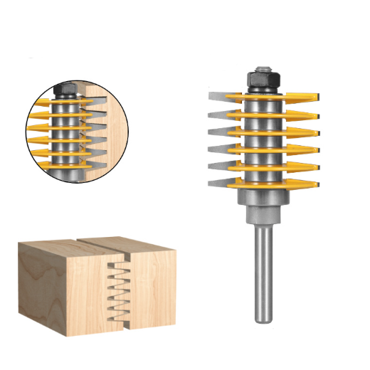 Wood router bit with a close-up inset showing the teeth on a white background