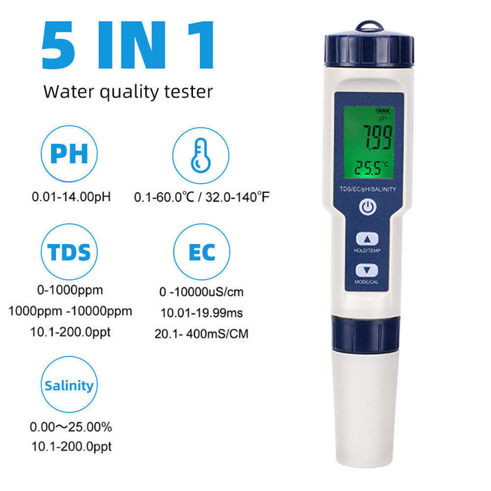 5 in 1 Pen Meter PH EC TDS Salinity Temp LCD Digital Water Quality Monitor Test