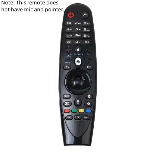 Black remote control with various buttons on a white background