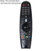 Black remote control with various buttons on a white background