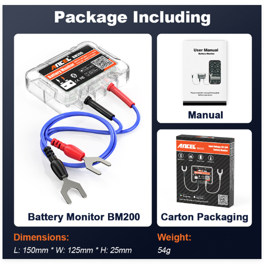 Battery monitor BM200 with cables, user manual, and carton packaging on a white background.
